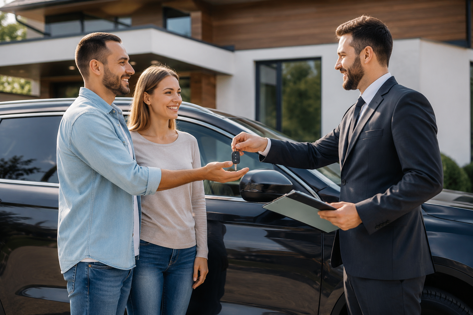 Insurance agent handing car keys to a couple after securing auto insurance coverage in Bowie, TX