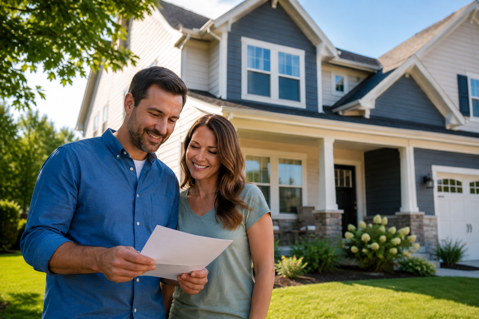 Couple reviewing homeowners insurance policy in front of their home in Bowie, TX