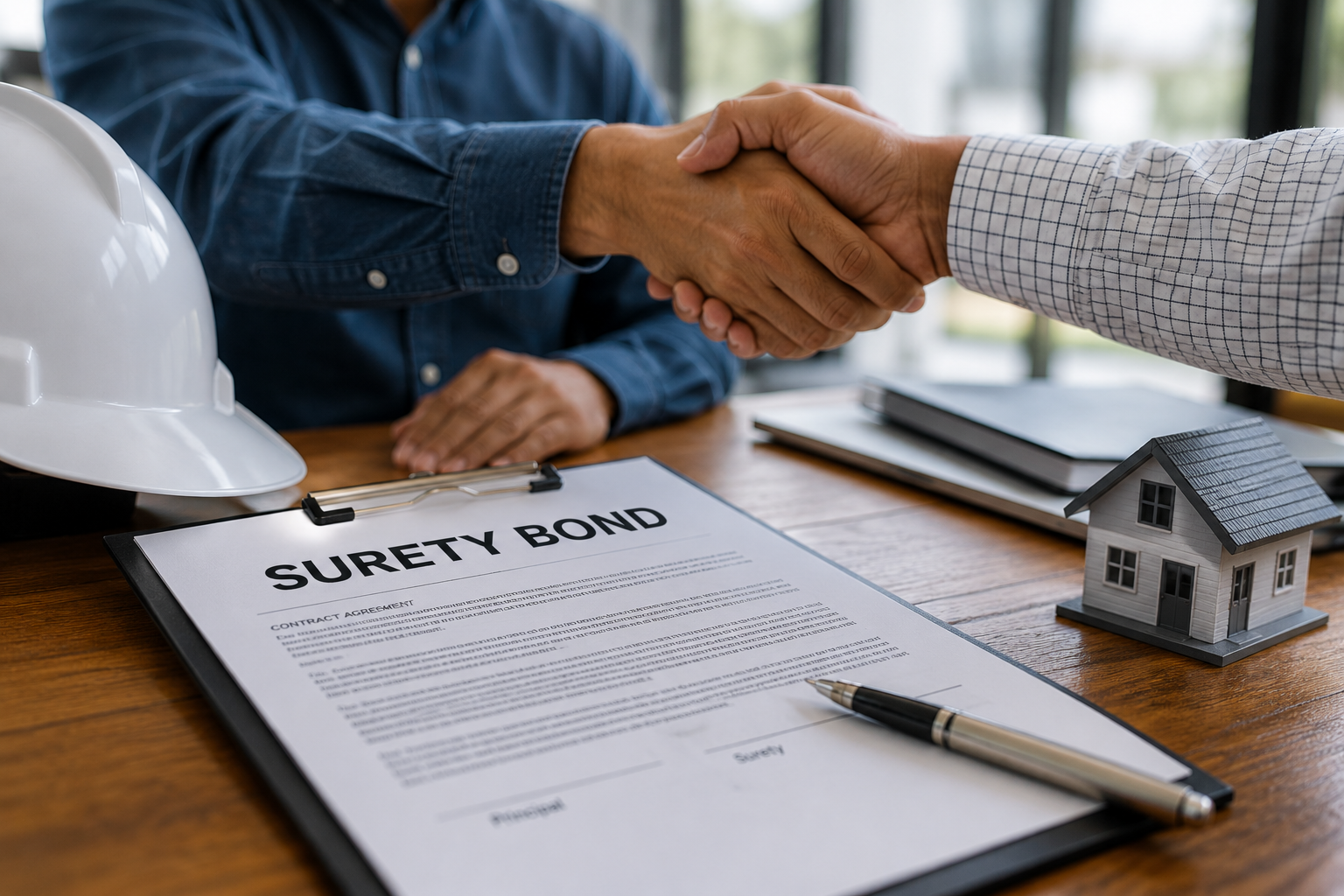 Contractor and client shaking hands over a surety bond contract — surety bond services in Bowie, TX